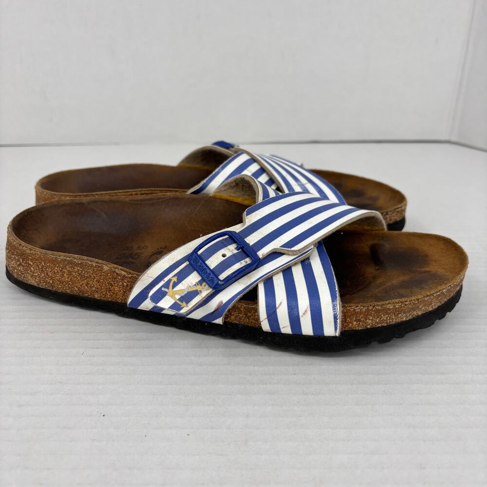 Birkenstock Slide Sandals Womens Size 7 Blue White Nautical Stripe Cross Strap - Picture 2 of 9
